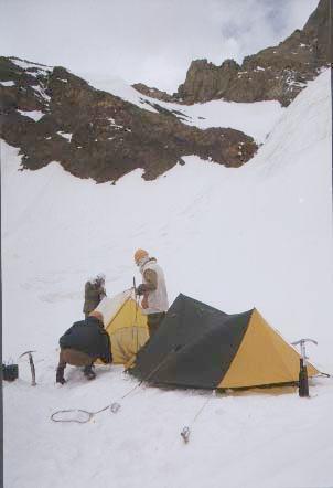 Our highest camp, at around 4800m, just below the Korolyova pass.
Note how my tent is held up by ice screws and axes.